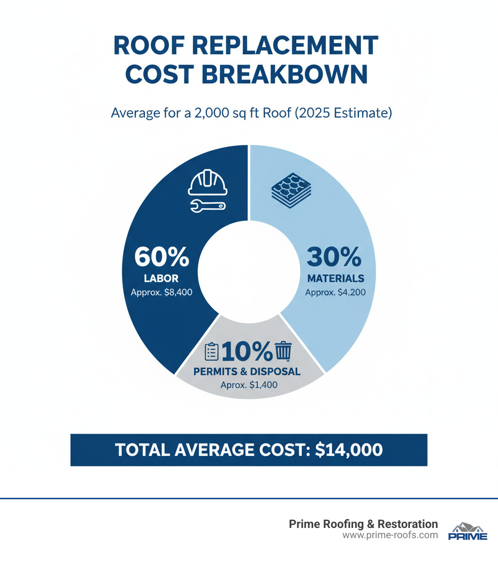 infographic showing roof estimate cost breakdown: 60% labor, 30% materials, 10% permits and disposal, with icons for each category and average dollar amounts for a 2,000 sq ft roof - roof estimate cost infographic 