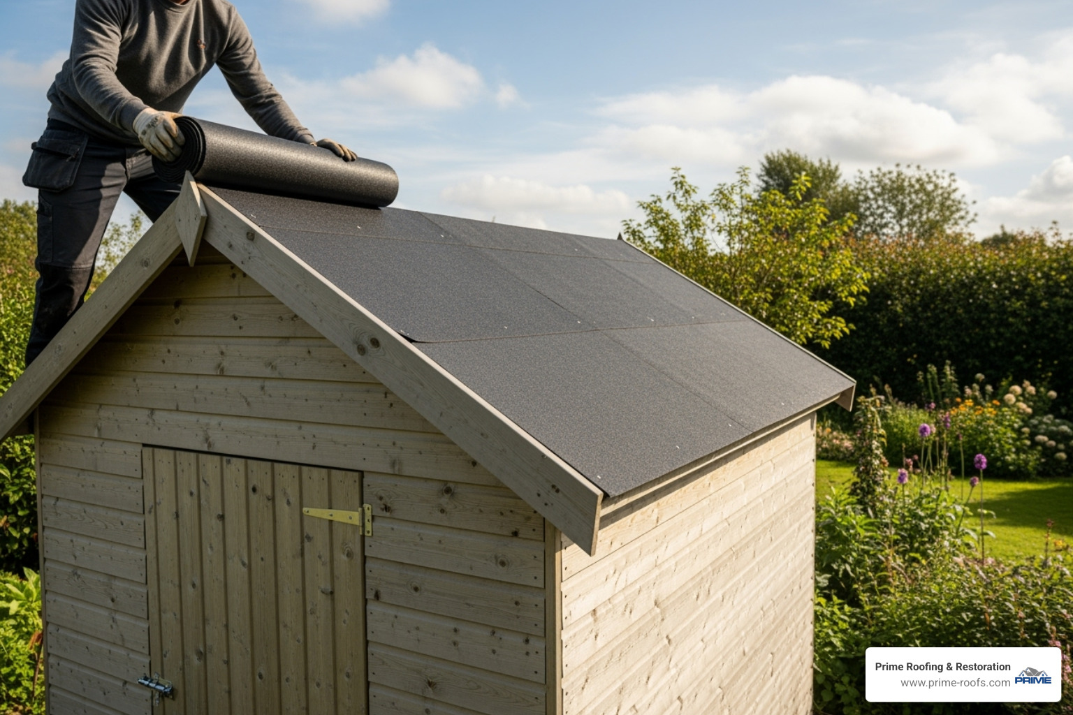 Unrolling first felt strip - putting felt on shed roof Unrolling first felt strip - putting felt on shed roof