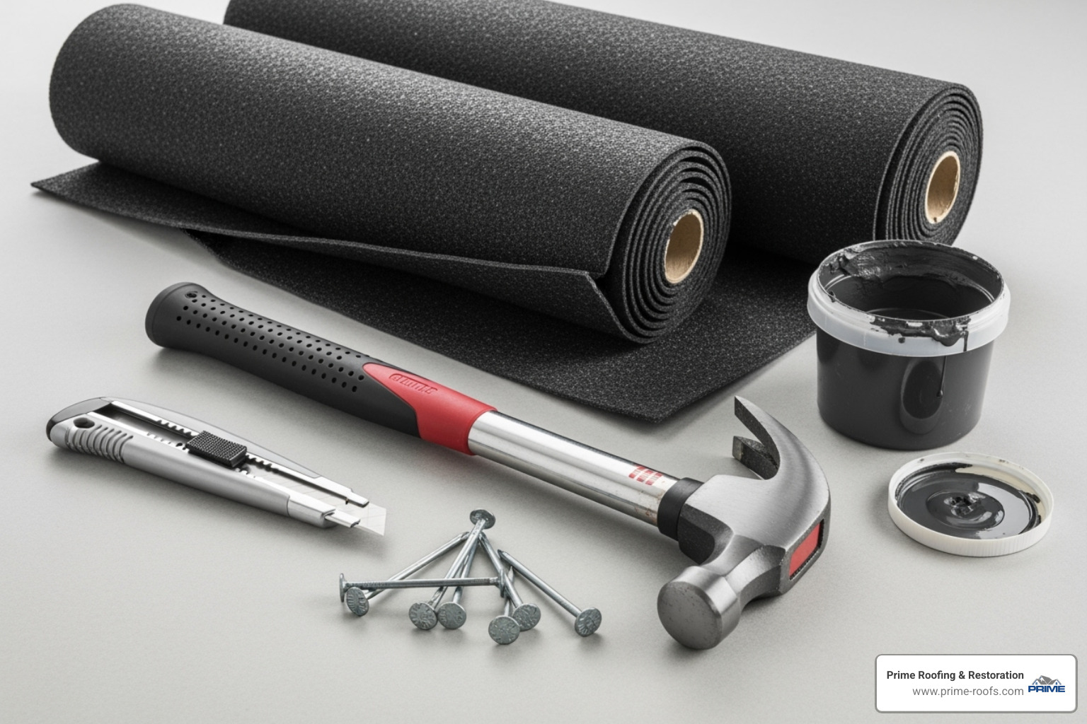 Tools and materials for shed roof felting - putting felt on shed roof Tools and materials for shed roof felting - putting felt on shed roof