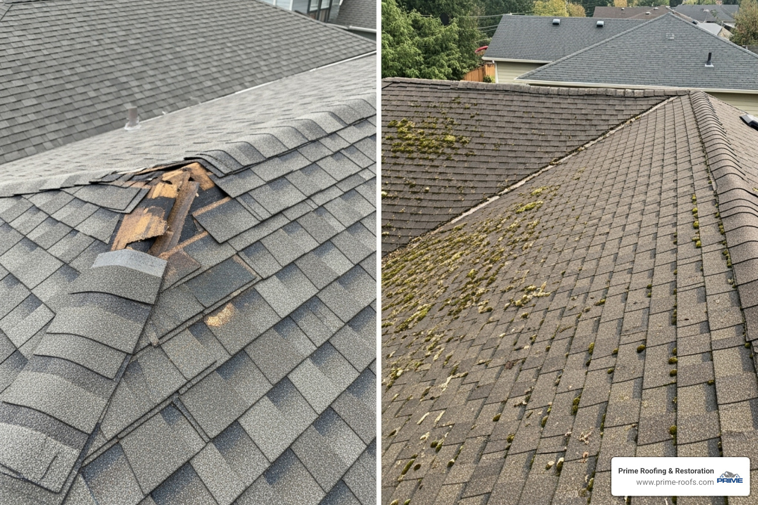 split-screen of a roof needing minor repair vs. one needing full replacement - roof estimate cost