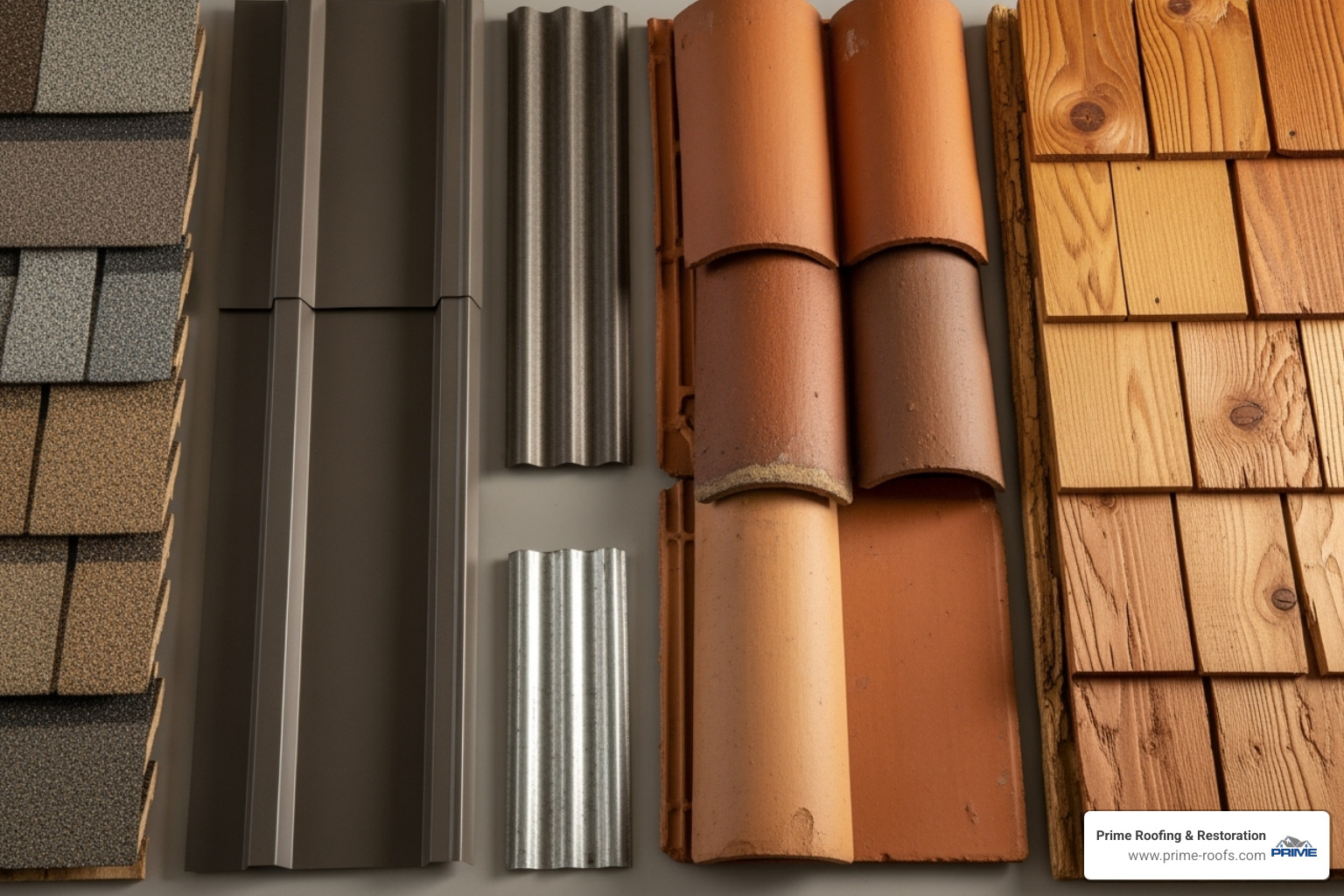 image of various roofing material samples (asphalt, metal, tile, wood) - roof estimate cost