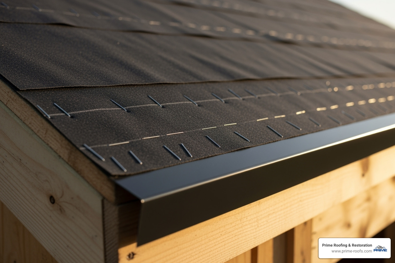 Installation of drip edge along the eave, with underlayment rolled out over it - installing shingles on a shed Installation of drip edge along the eave, with underlayment rolled out over it - installing shingles on a shed