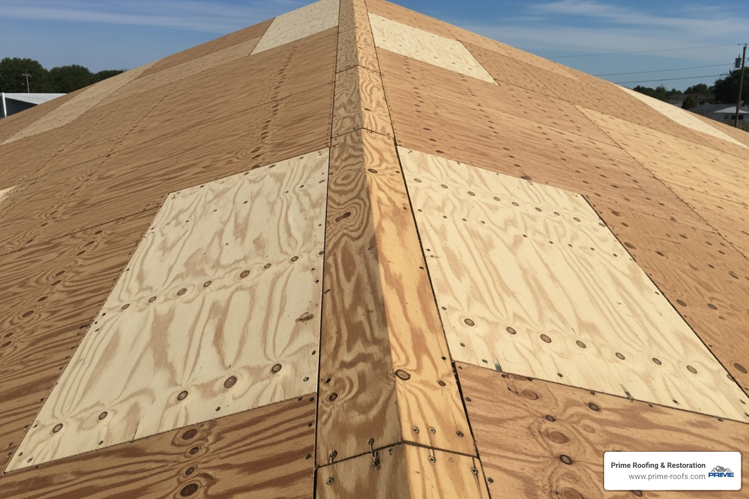 Clean shed roof deck with patched plywood - installing shingles on a shed Clean shed roof deck with patched plywood - installing shingles on a shed