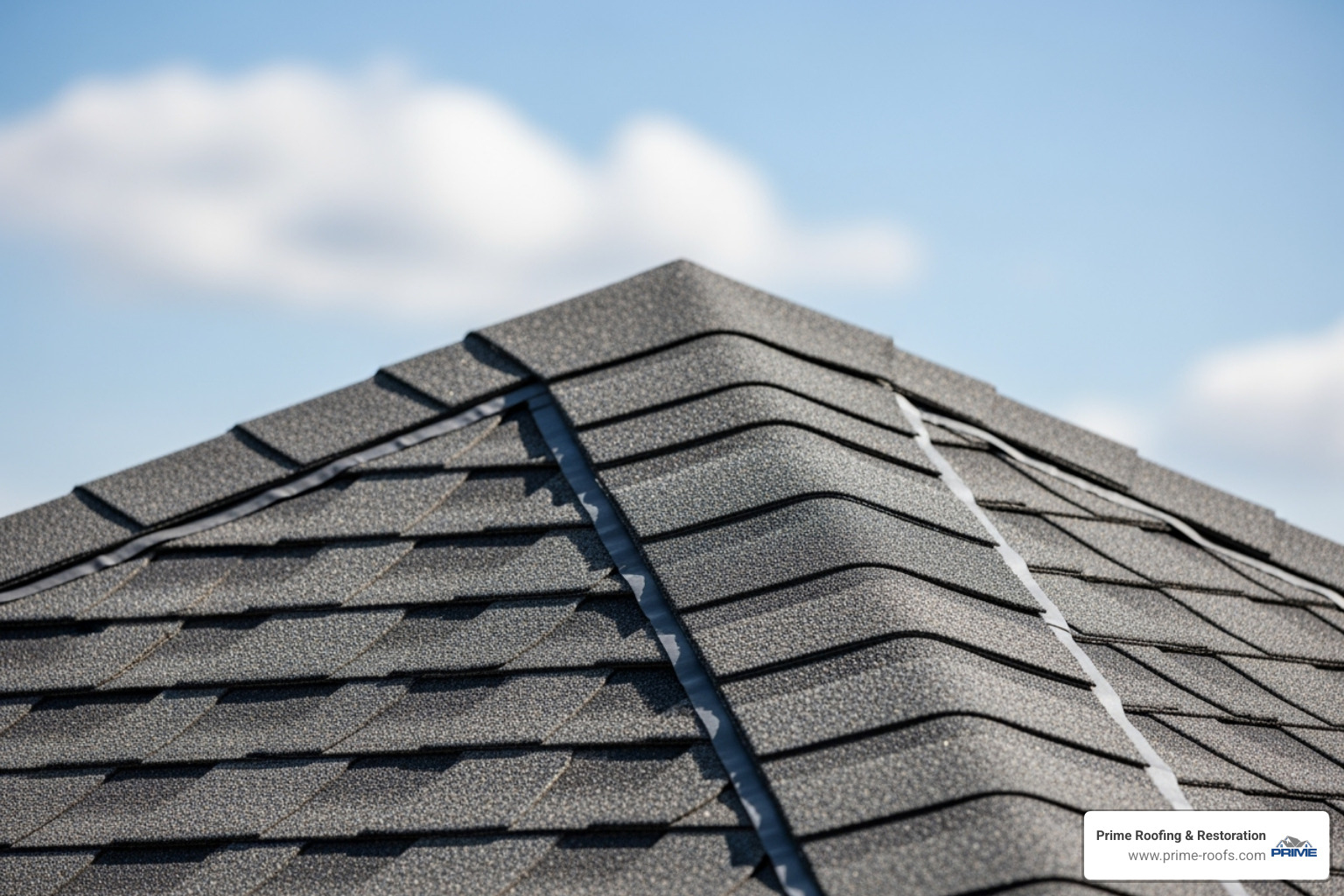 Finished shed roof ridge - installing shingles on a shed Finished shed roof ridge - installing shingles on a shed