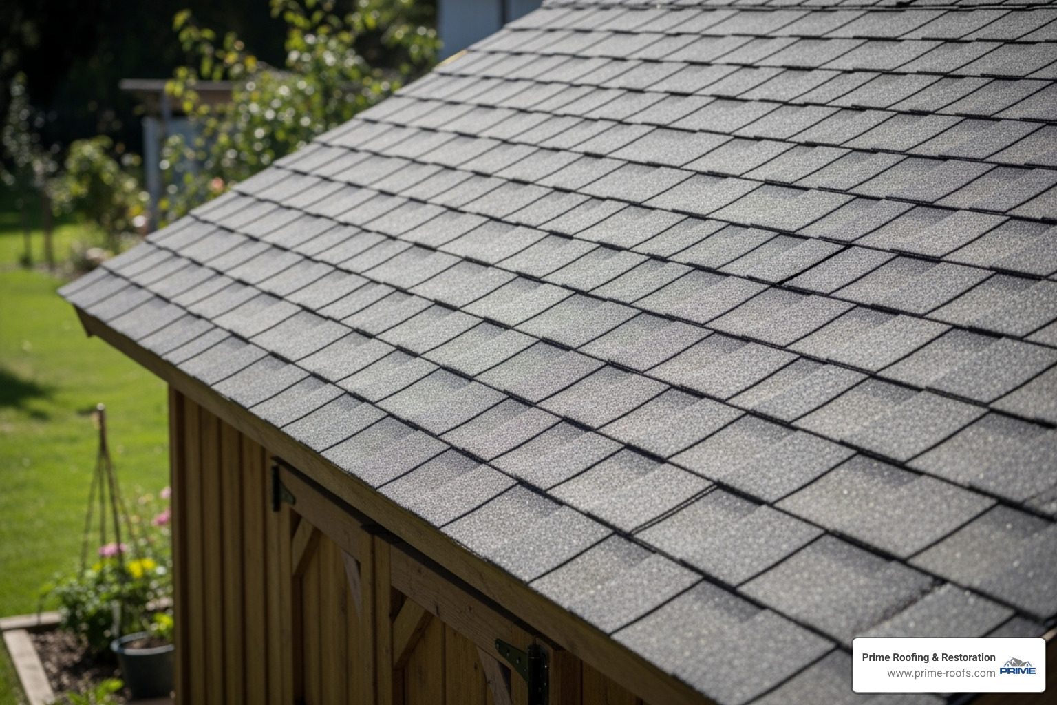 Shingles installed with a 6-inch offset pattern clearly visible - installing shingles on a shed Shingles installed with a 6-inch offset pattern clearly visible - installing shingles on a shed