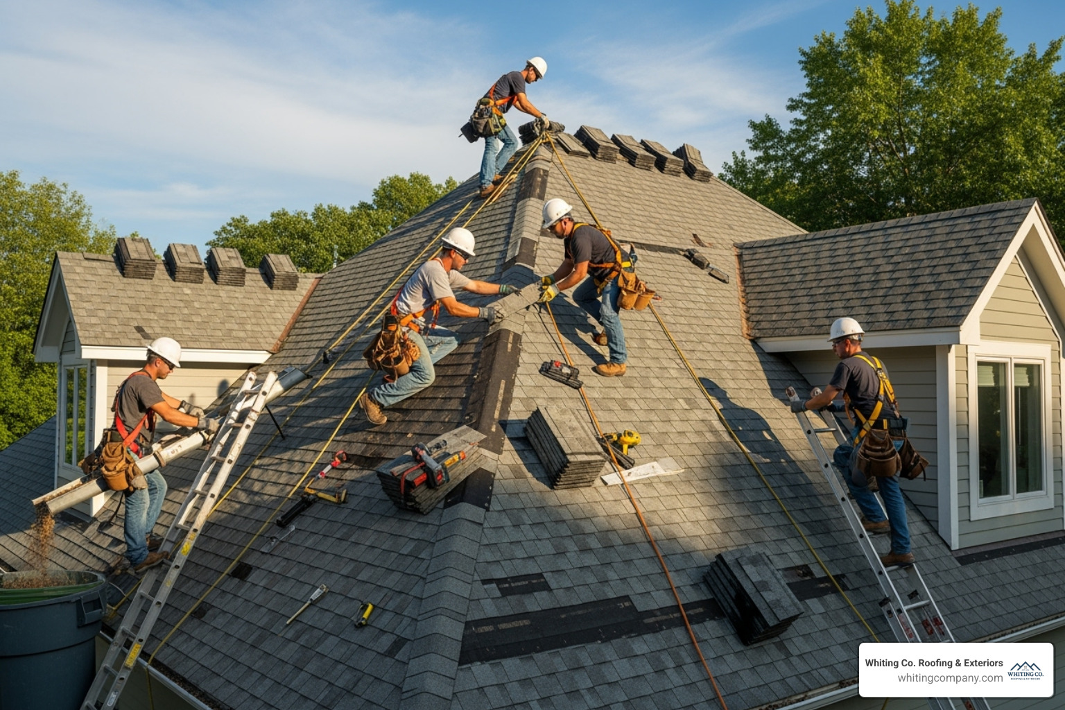 a roofing team safely working on a steep-pitched roof with harnesses - residential roof contractors
