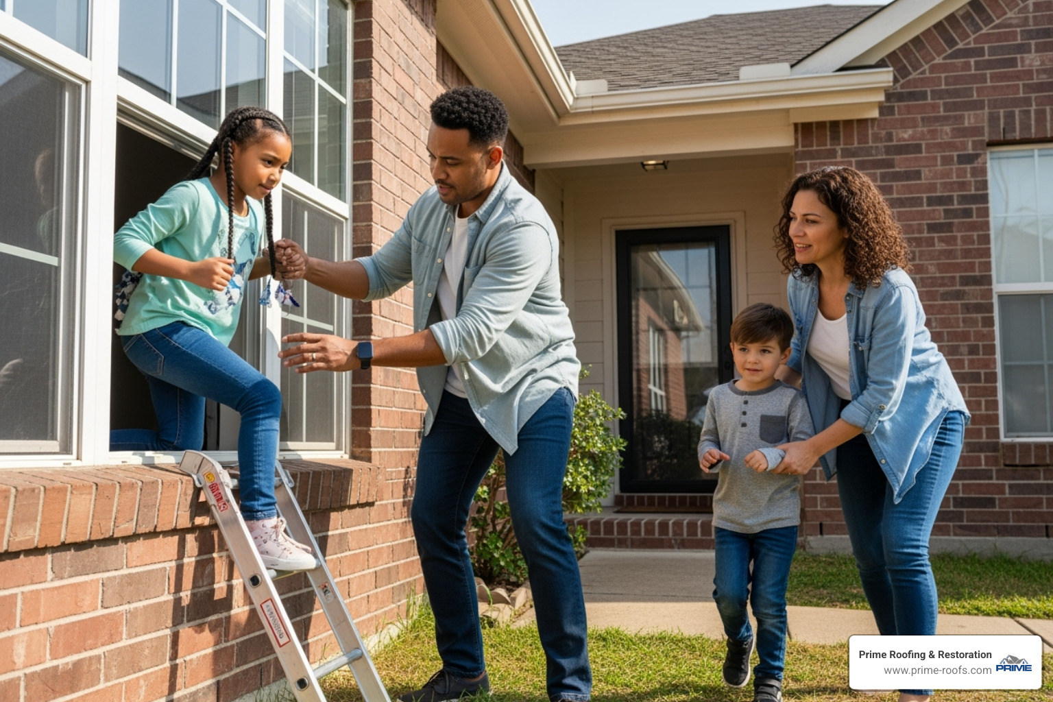 a family practicing a fire escape plan - Family home protection
