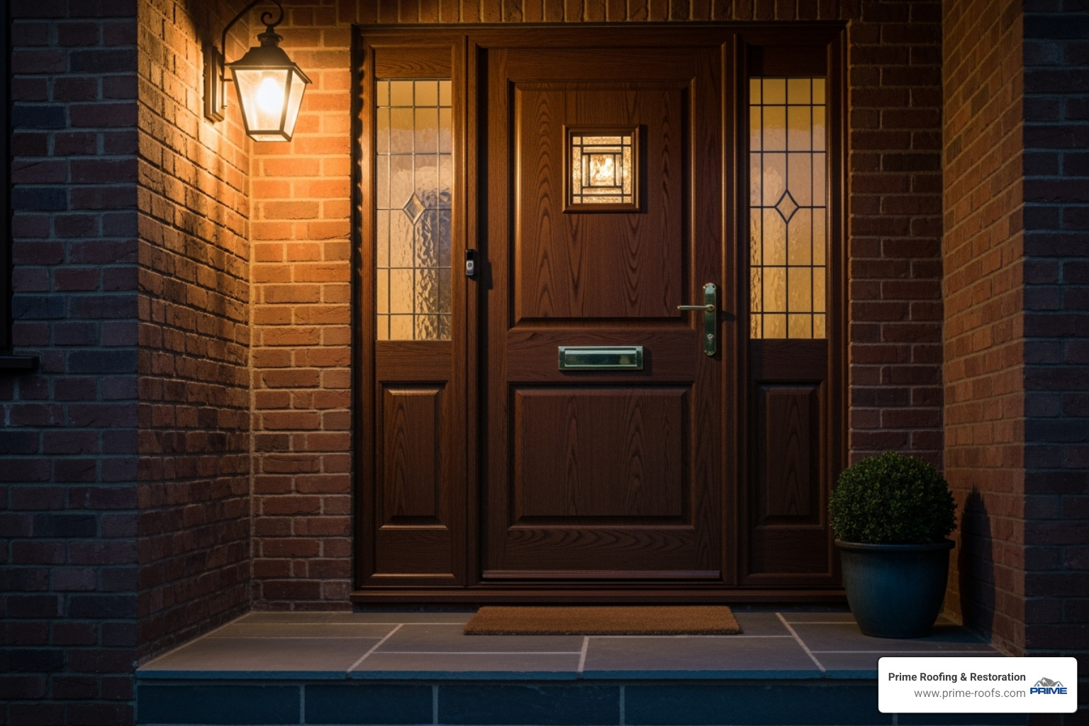 a secure front door with a deadbolt and a well-lit porch - Family home protection