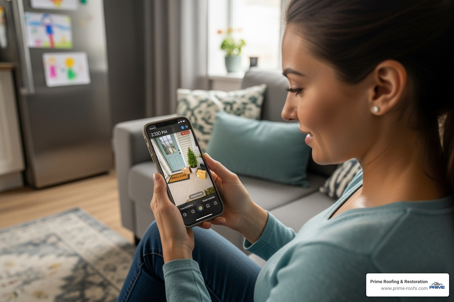 a homeowner using a smartphone to view security camera footage - Family home protection