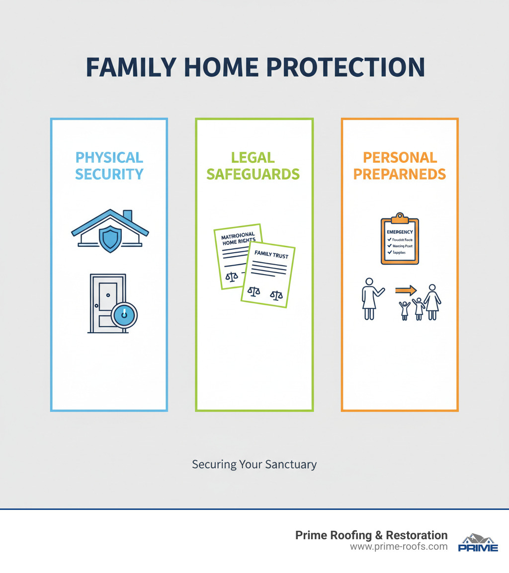 Infographic showing three pillars of family home protection: Physical Security (depicting a strong roof, reinforced doors, and alarm system), Legal Safeguards (showing documents labeled matrimonial home rights and family trust), and Personal Preparedness (illustrating emergency plan checklist and family drill practice) - Family home protection infographic 