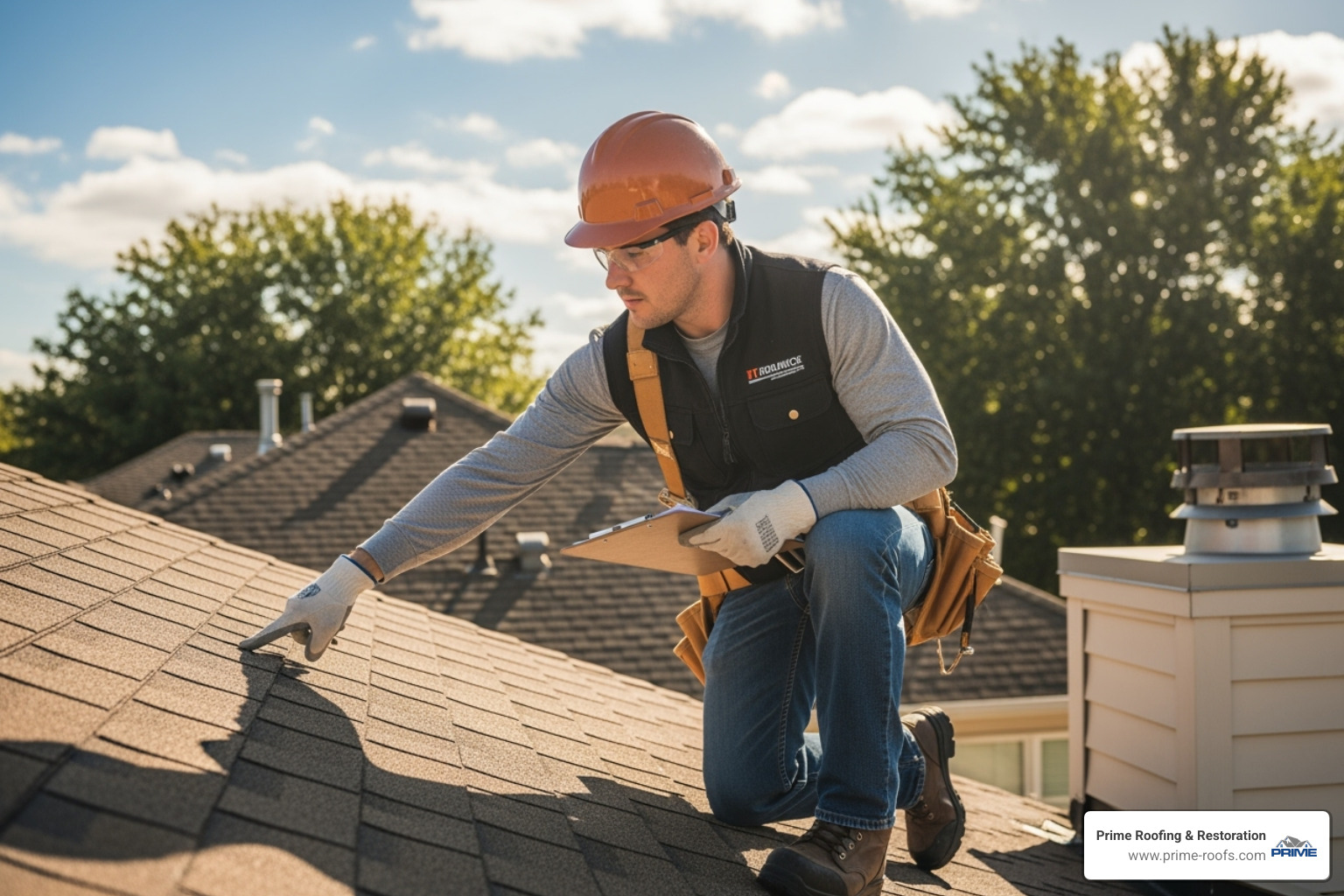 A certified Prime Roofing & Restoration technician working safely on a residential roof, performing an inspection - roofing contractor orange beach al
