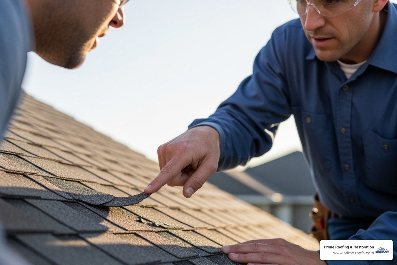 A Prime Roofing & Restoration expert identifying wind or hail damage on a shingle for a homeowner, pointing out key details - roofing contractor orange beach al