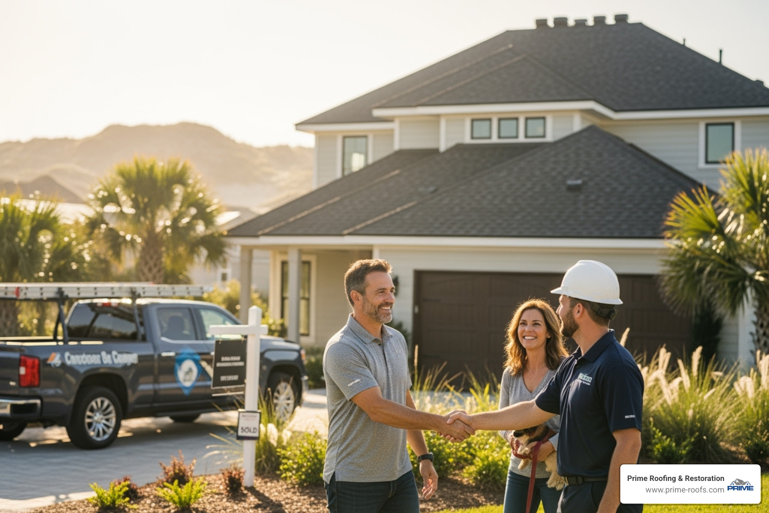 A happy Orange Beach homeowner shaking hands with a Prime Roofing & Restoration contractor after a successful roof replacement - roofing contractor orange beach al