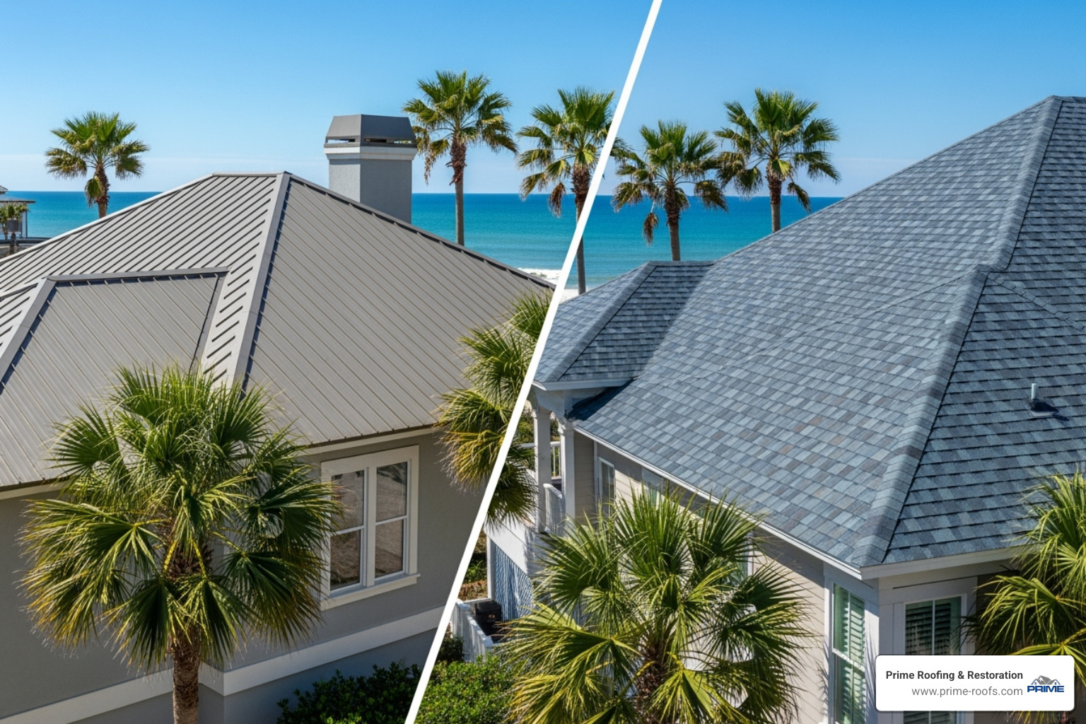 Side-by-side comparison of a metal roof and an architectural shingle roof on coastal homes in Orange Beach, highlighting durability and aesthetic appeal - roofing contractor orange beach al