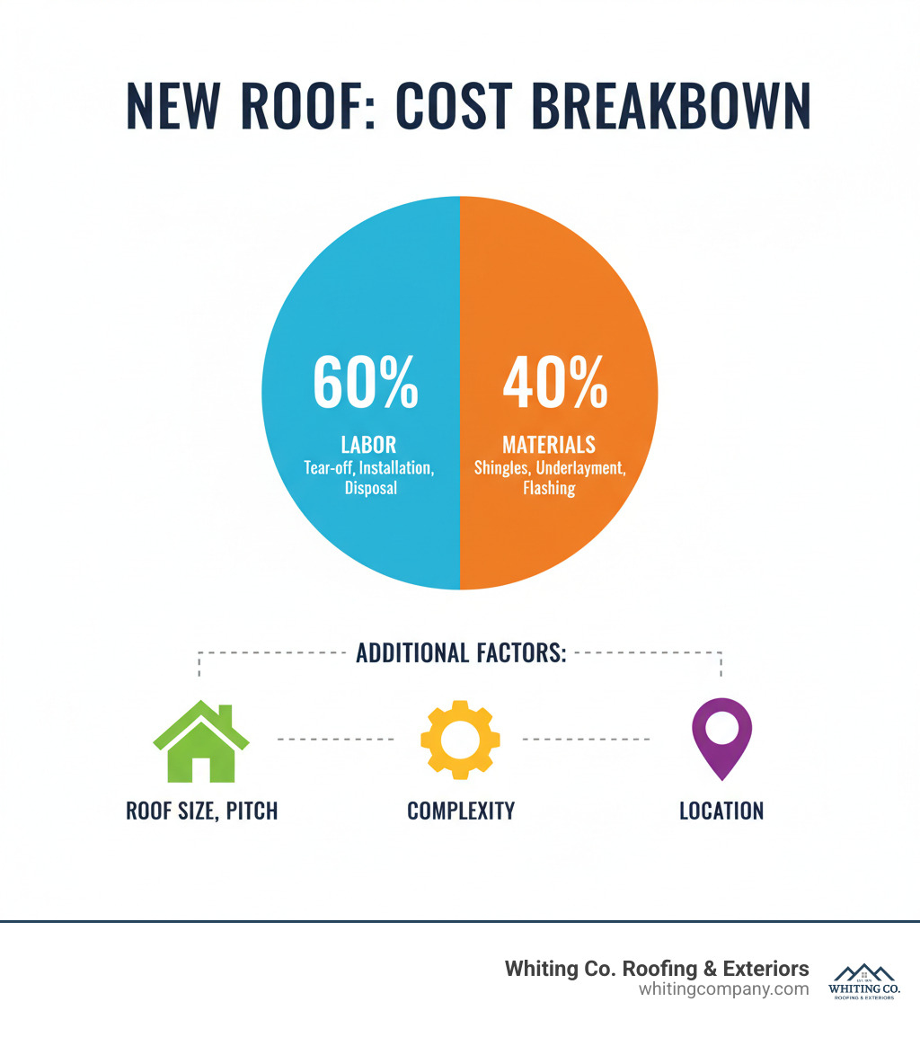 infographic showing cost breakdown for new roof: Materials 40 percent including shingles underlayment and flashing, Labor 60 percent including tear-off installation and disposal, Additional factors including roof size pitch complexity and location - cost to roof a home infographic 