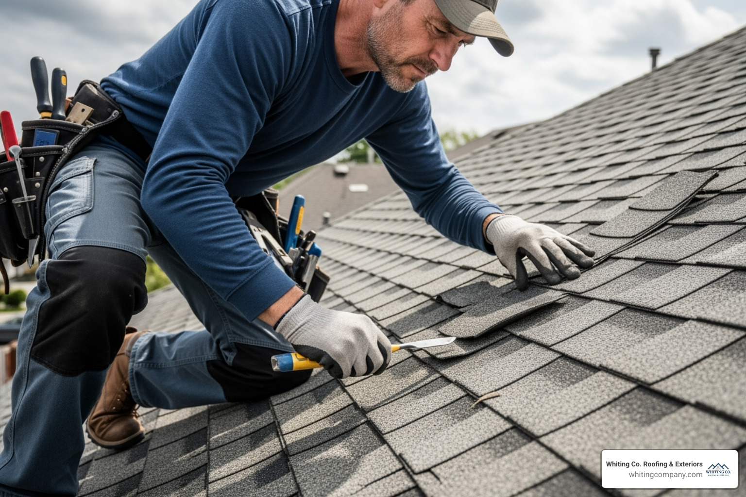 a roofer inspecting a damaged shingle up close - cost to roof a home