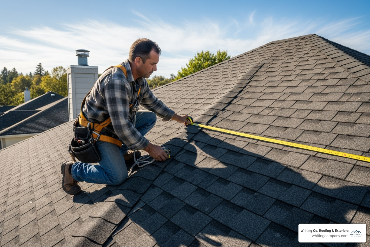 a roofer using a measuring tape on a roof - cost to roof a home