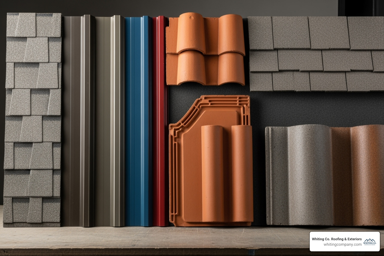 various roofing material samples like asphalt, metal, and tile - cost to roof a home