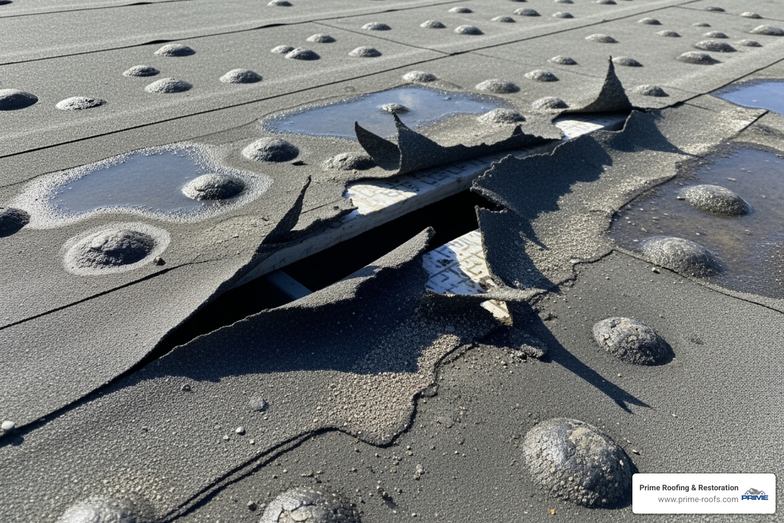 damaged commercial roof section with visible blistering and a tear in the membrane - Commercial roof services damaged commercial roof section with visible blistering and a tear in the membrane - Commercial roof services