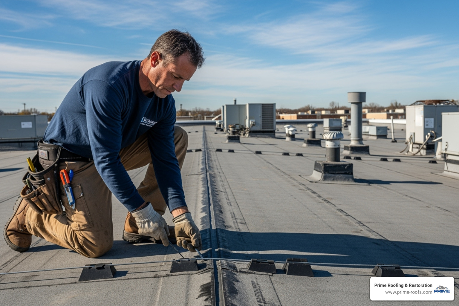 professional roofer carefully inspecting the seams on a commercial flat roof - Commercial roof services professional roofer carefully inspecting the seams on a commercial flat roof - Commercial roof services