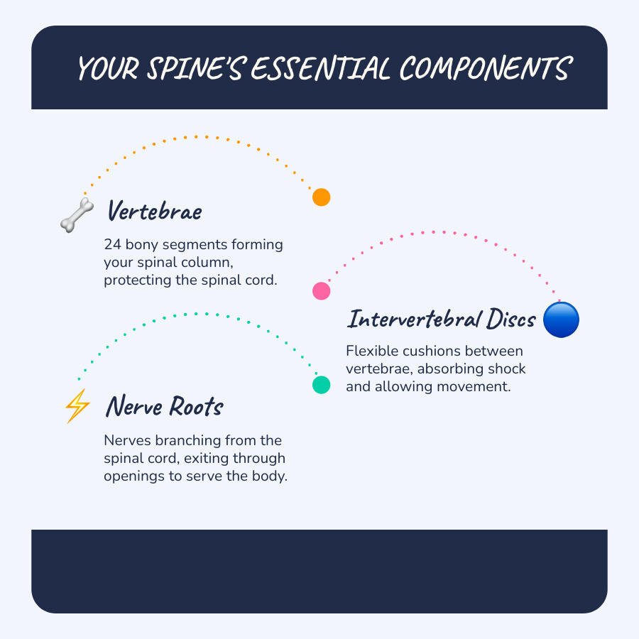 infographic showing spine anatomy with labeled vertebrae, intervertebral discs, nerve roots branching from spinal cord, and common compression points in cervical and lumbar regions - pinched nerve in back infographic infographic-line-3-steps-blues-accent_colors