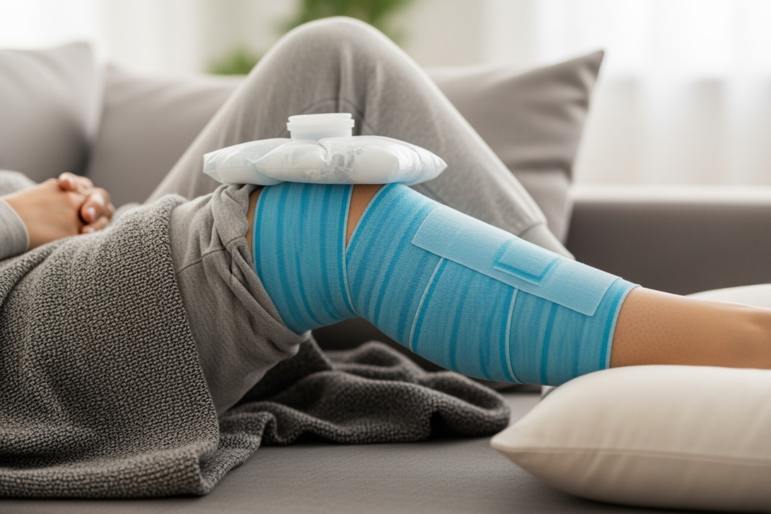 RICE method components: a person resting with an elevated leg, an ice pack, and a compression bandage - how to speed up muscle strain recovery