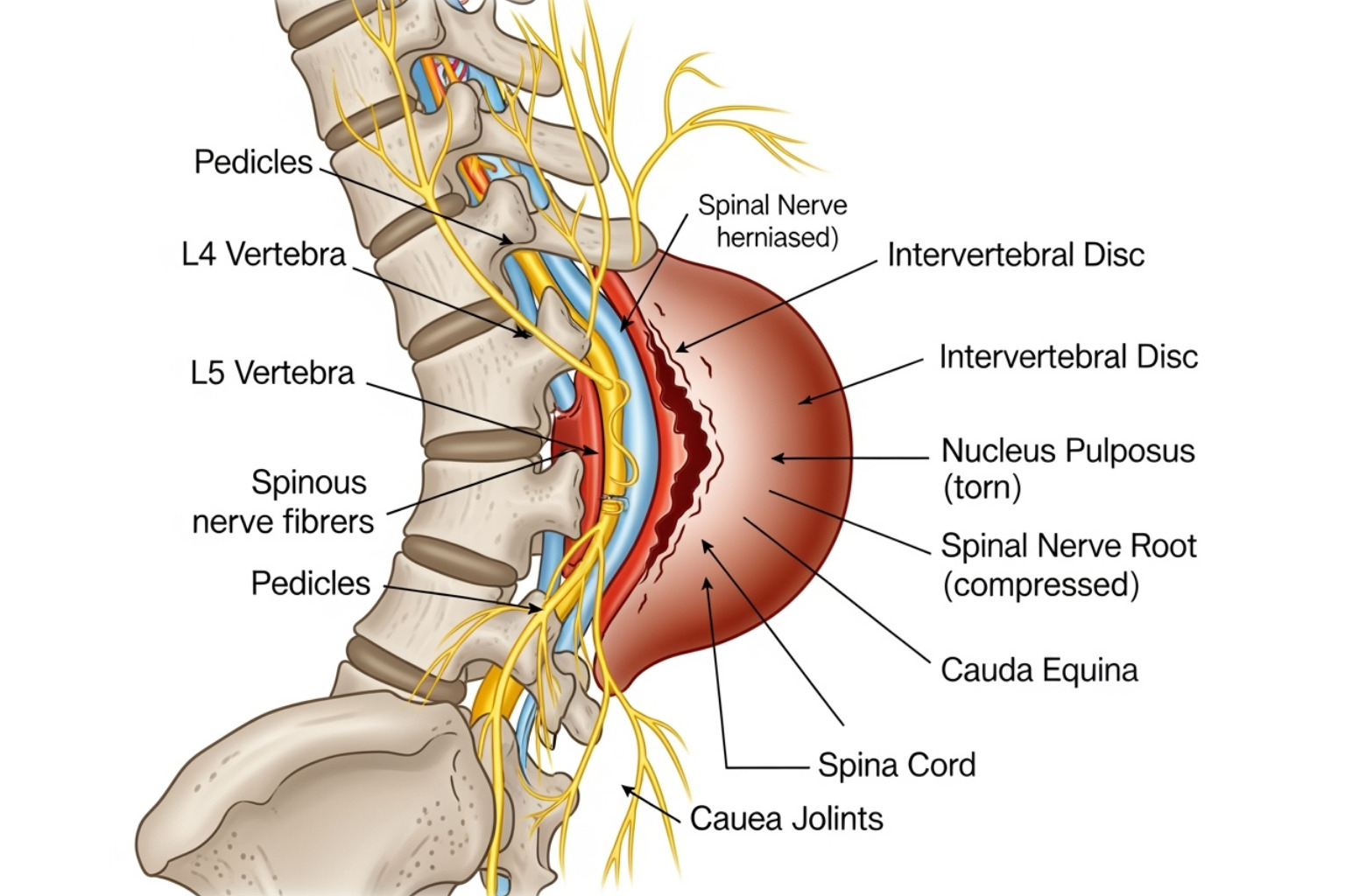 Illustrating a herniated disc pressing on a nerve root - Sciatica