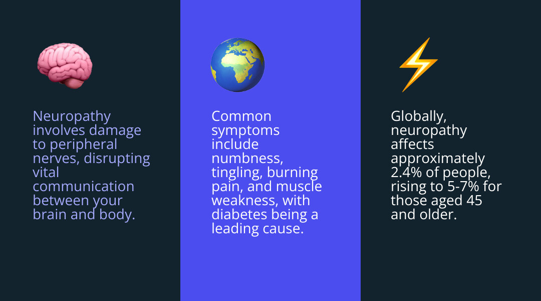Infographic summarizing neuropathy key facts including definition, prevalence, common symptoms, and main causes - neuropathy infographic 3_facts_emoji_blue