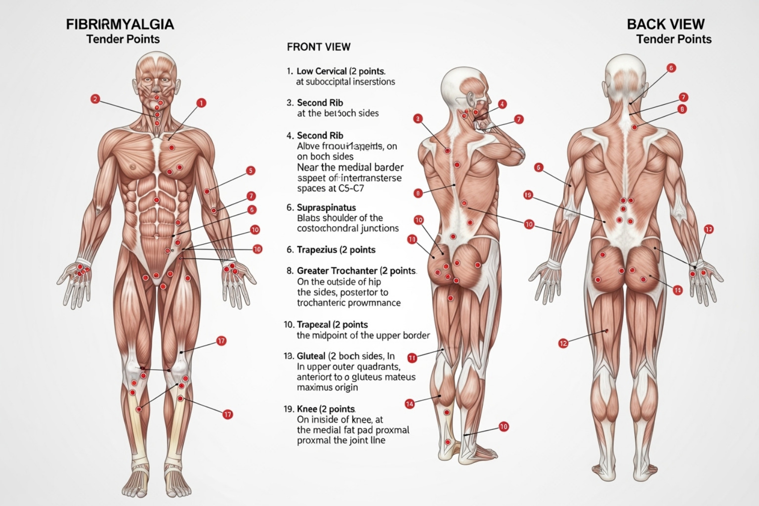 Illustration of the 19 tender points associated with fibromyalgia - Fibromyalgia