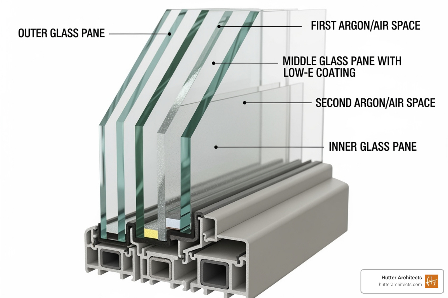 cross-section of a triple-pane, Low-E window showing the different layers - energy efficient house builders