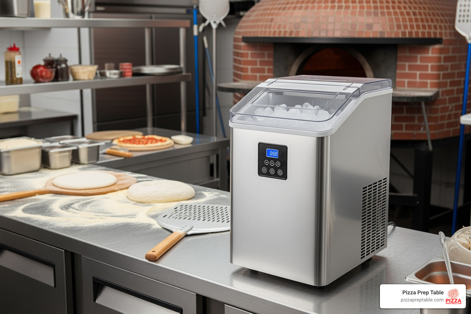 of the Pizza Prep Table ice maker on a kitchen counter - electric ice maker of the Pizza Prep Table ice maker on a kitchen counter - electric ice maker