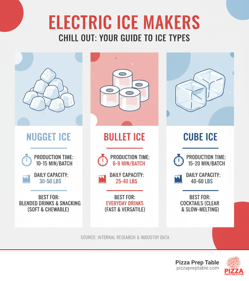 Infographic comparing three types of ice: Nugget ice (soft, chewable, ideal for blended drinks and snacking), Bullet ice (fast to make, slow to melt, versatile for everyday drinks), and Cube ice (clear, slow-melting, premium appearance for cocktails). Shows production times, typical daily capacity ranges, and best use cases for each type. - electric ice maker infographic  Infographic comparing three types of ice: Nugget ice (soft, chewable, ideal for blended drinks and snacking), Bullet ice (fast to make, slow to melt, versatile for everyday drinks), and Cube ice (clear, slow-melting, premium appearance for cocktails). Shows production times, typical daily capacity ranges, and best use cases for each type. - electric ice maker infographic
