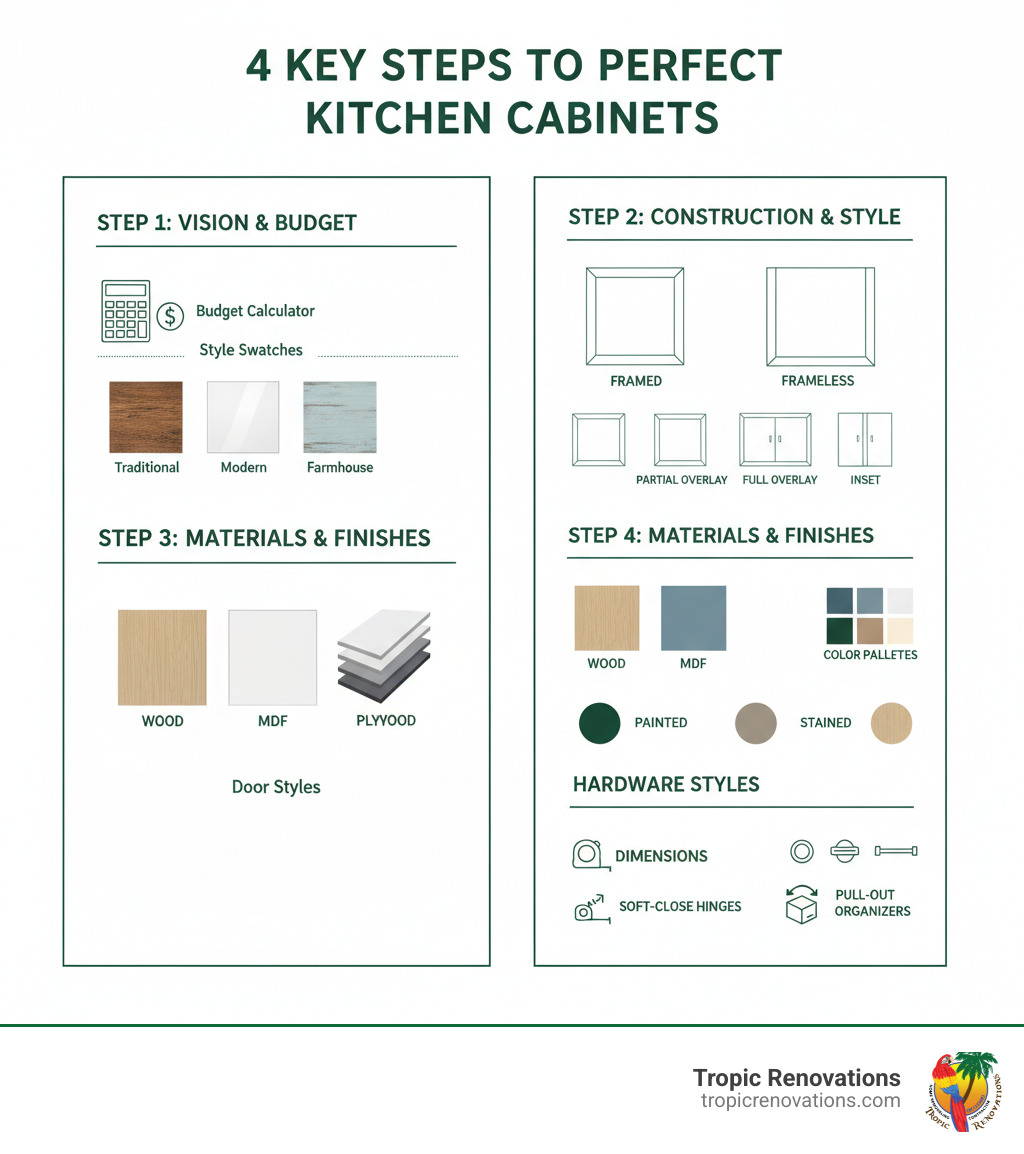 Infographic showing the 4 key steps to choosing perfect kitchen cabinets: Step 1 shows a budget calculator and style swatches for defining vision and budget; Step 2 displays cabinet construction diagrams comparing framed vs frameless and different door overlay types; Step 3 illustrates material samples of wood, MDF, and plywood alongside color palettes and finish options; Step 4 features cabinet dimensions, hardware styles, and functional features like soft-close hinges and pull-out organizers - How to choose cabinets? infographic Infographic showing the 4 key steps to choosing perfect kitchen cabinets: Step 1 shows a budget calculator and style swatches for defining vision and budget; Step 2 displays cabinet construction diagrams comparing framed vs frameless and different door overlay types; Step 3 illustrates material samples of wood, MDF, and plywood alongside color palettes and finish options; Step 4 features cabinet dimensions, hardware styles, and functional features like soft-close hinges and pull-out organizers - How to choose cabinets? infographic