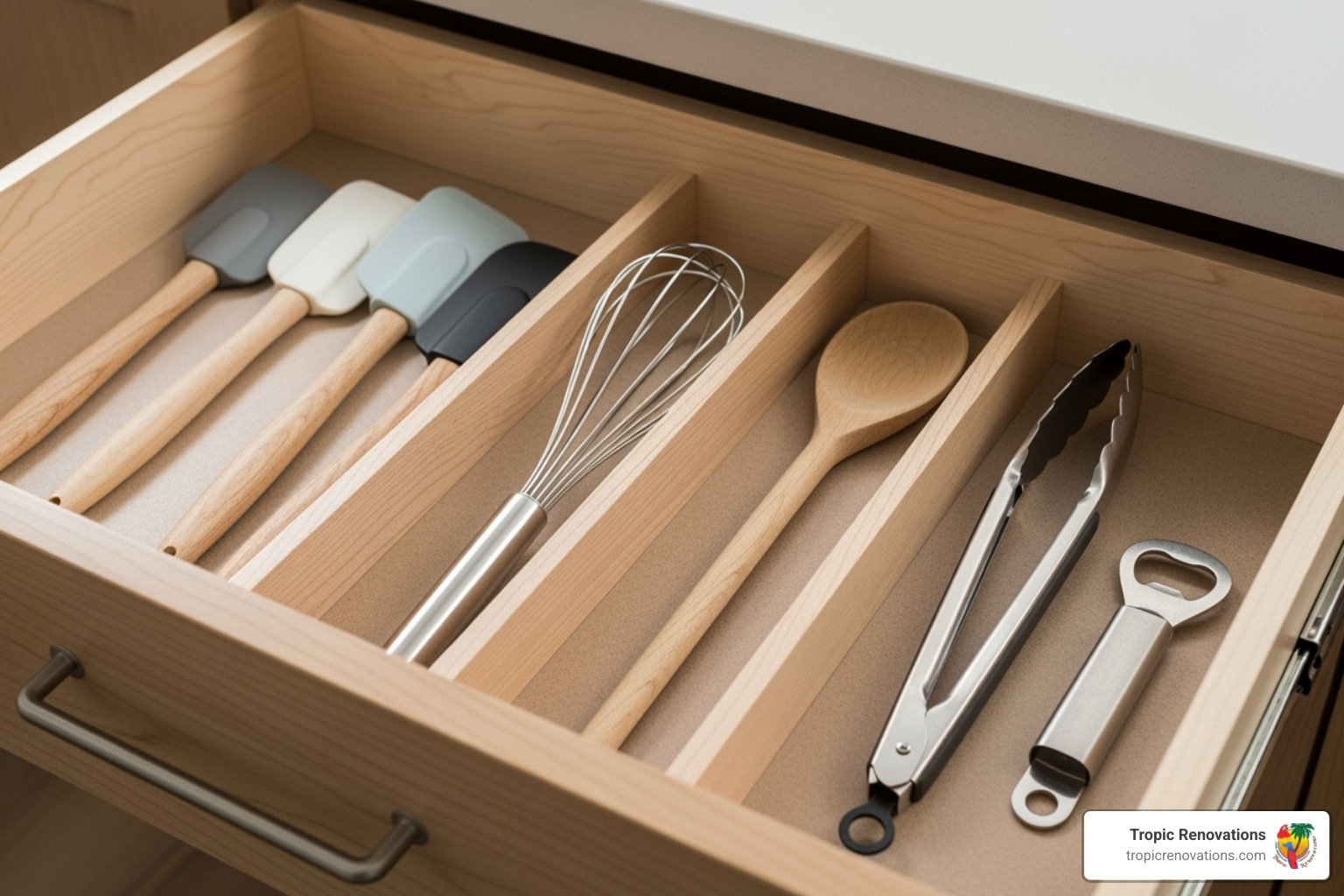 Highly functional kitchen drawer with custom dividers and soft-close glides - How to choose cabinets? Highly functional kitchen drawer with custom dividers and soft-close glides - How to choose cabinets?