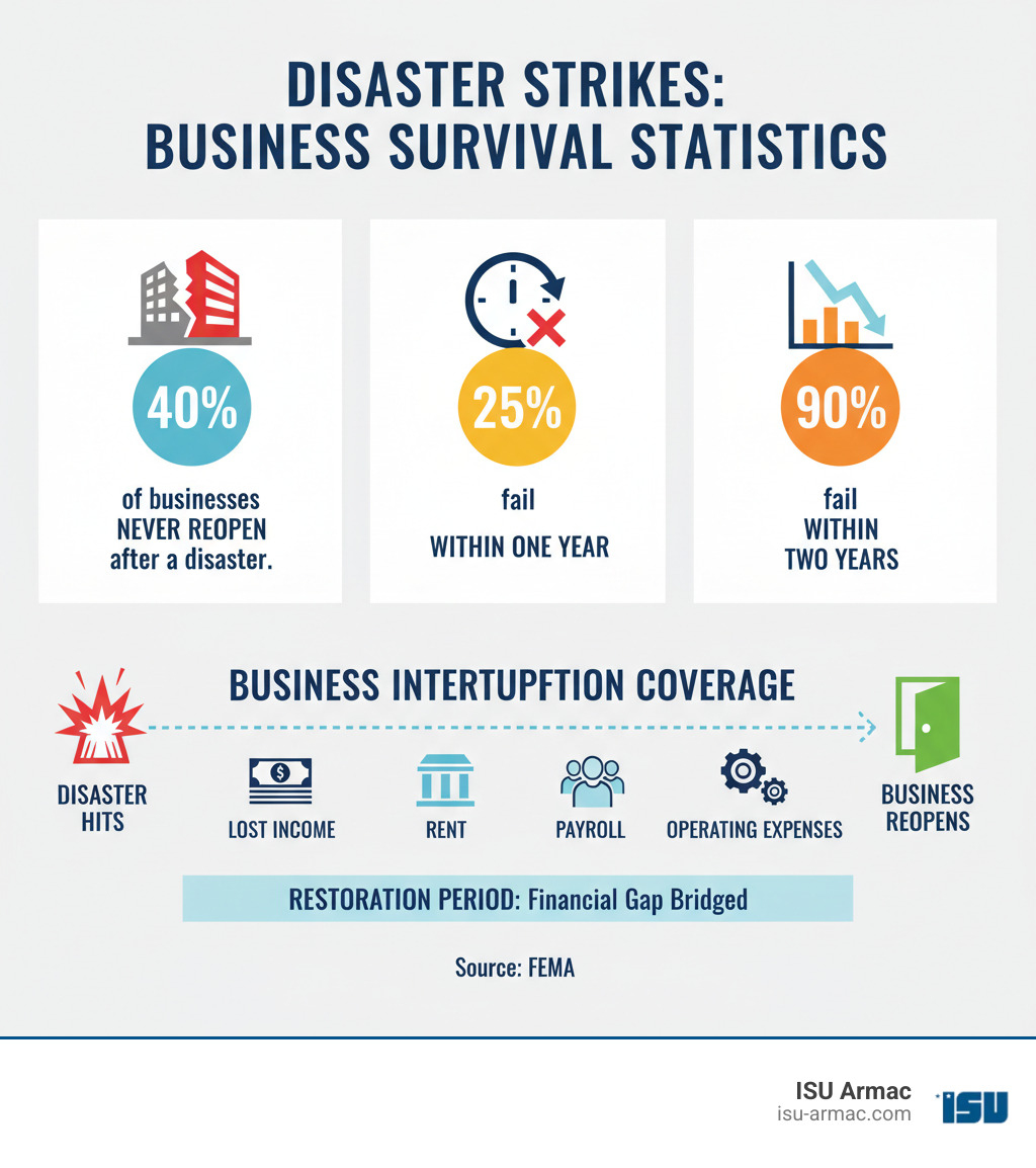 infographic showing business disaster statistics: 40% of businesses never reopen after a disaster, 25% fail within one year, 90% fail within two years; timeline showing how business interruption coverage helps bridge the gap between disaster and reopening by covering lost income, rent, payroll, and operating expenses during the restoration period - Business interruption coverage infographic infographic showing business disaster statistics: 40% of businesses never reopen after a disaster, 25% fail within one year, 90% fail within two years; timeline showing how business interruption coverage helps bridge the gap between disaster and reopening by covering lost income, rent, payroll, and operating expenses during the restoration period - Business interruption coverage infographic
