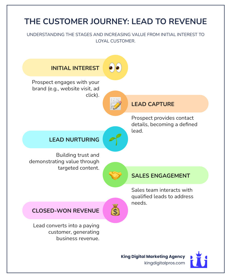 Infographic showing the customer journey from initial website visit through lead capture, nurturing, and final conversion to paying customer, with dollar values increasing at each stage - how to calculate lead value infographic infographic-line-5-steps-colors