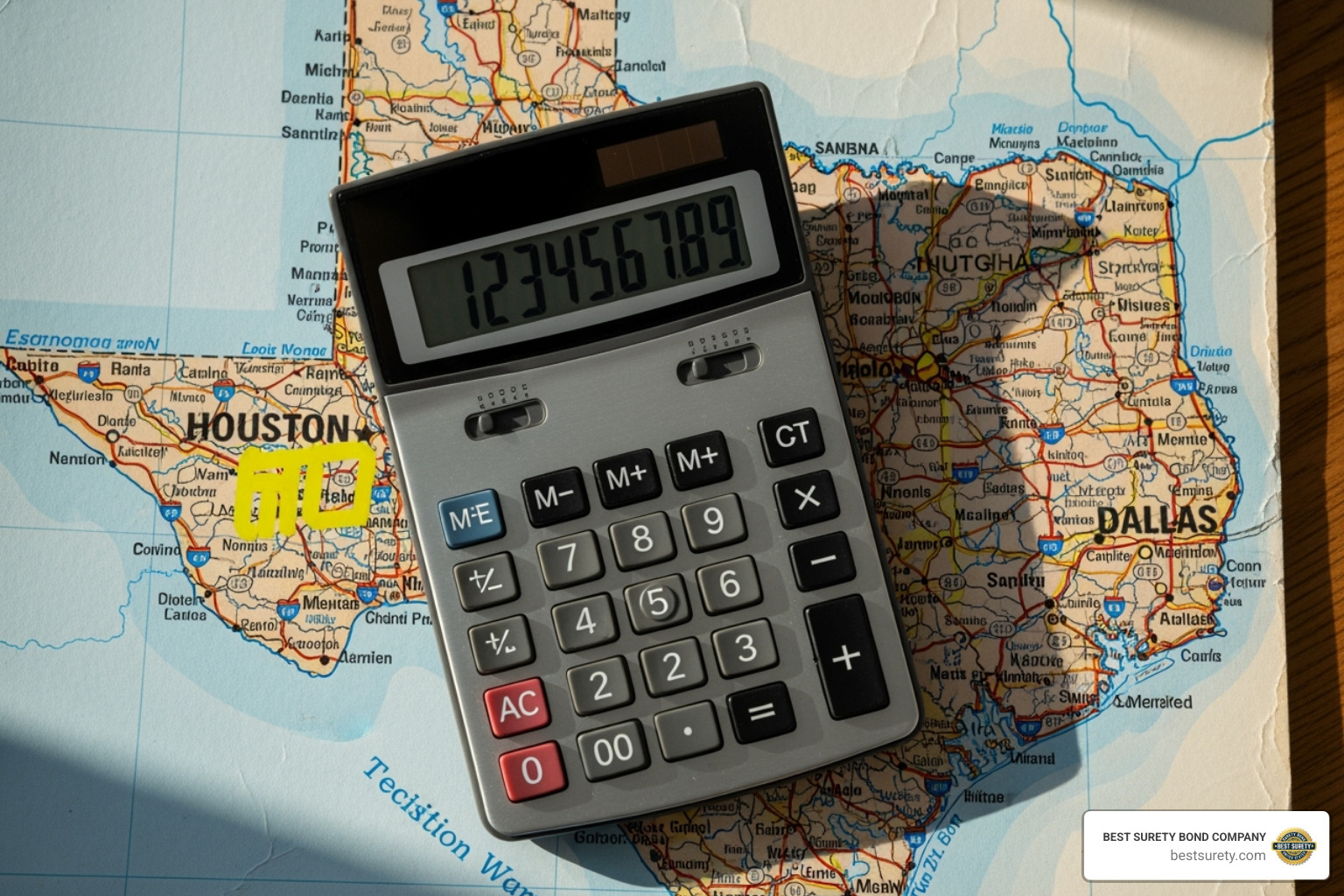 calculator and a map of Texas highlighting major cities like Houston and Dallas - Nursing home bond