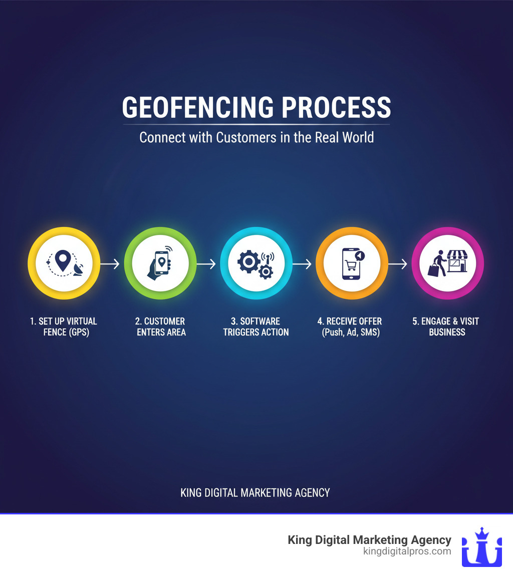 Infographic showing the geofencing process: Step 1 - Business sets up virtual fence around target location using GPS coordinates; Step 2 - Customer with smartphone enters the geofenced area; Step 3 - Geofencing software detects entry and triggers action; Step 4 - Customer receives push notification, mobile ad, or promotional message; Step 5 - Customer engages with offer and visits business location - free geofencing marketing software infographic 