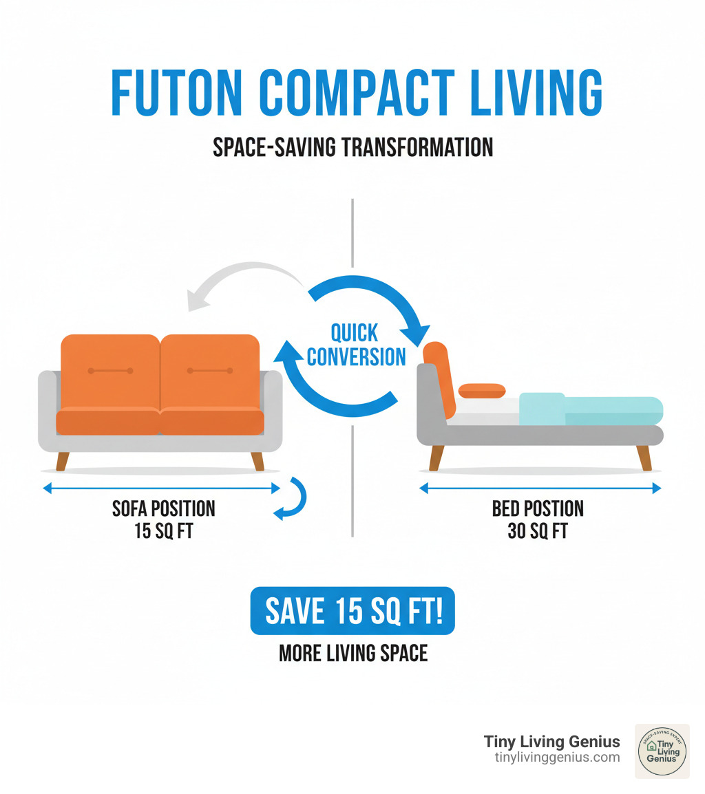 infographic showing a futon converting from sofa position to bed position with measurements indicating space saved, including arrows showing the transformation process and square footage comparison - futon compact living infographic 