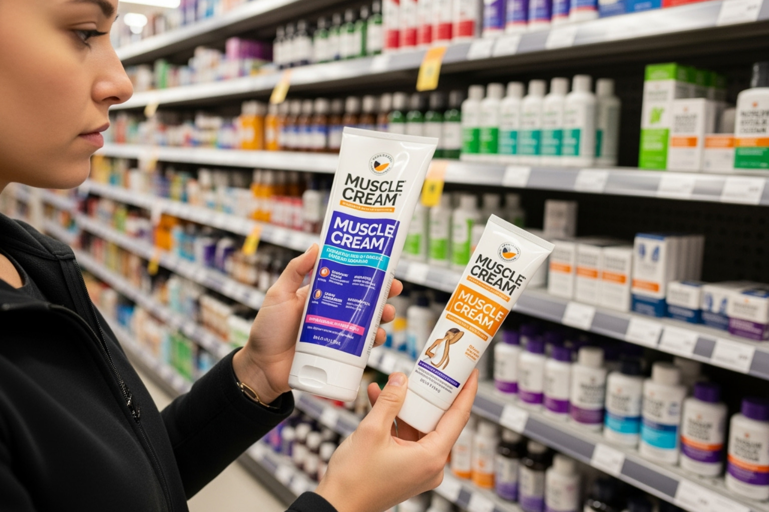 person comparing two different muscle cream products in a store aisle - Cream for muscle soreness person comparing two different muscle cream products in a store aisle - Cream for muscle soreness