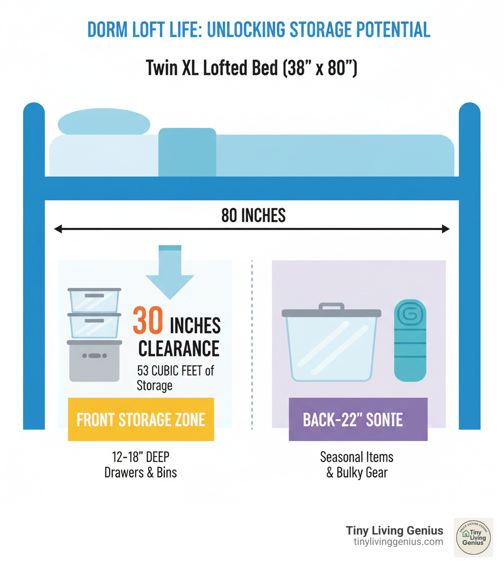 Infographic showing a Twin XL lofted bed (38" x 80") with 30" clearance creating 53 cubic feet of storage space, broken down into front storage zone (12-18" deep for drawers and bins) and back storage zone (20-22" deep for seasonal items and bulky gear) - under loft bed storage ideas dorm infographic 