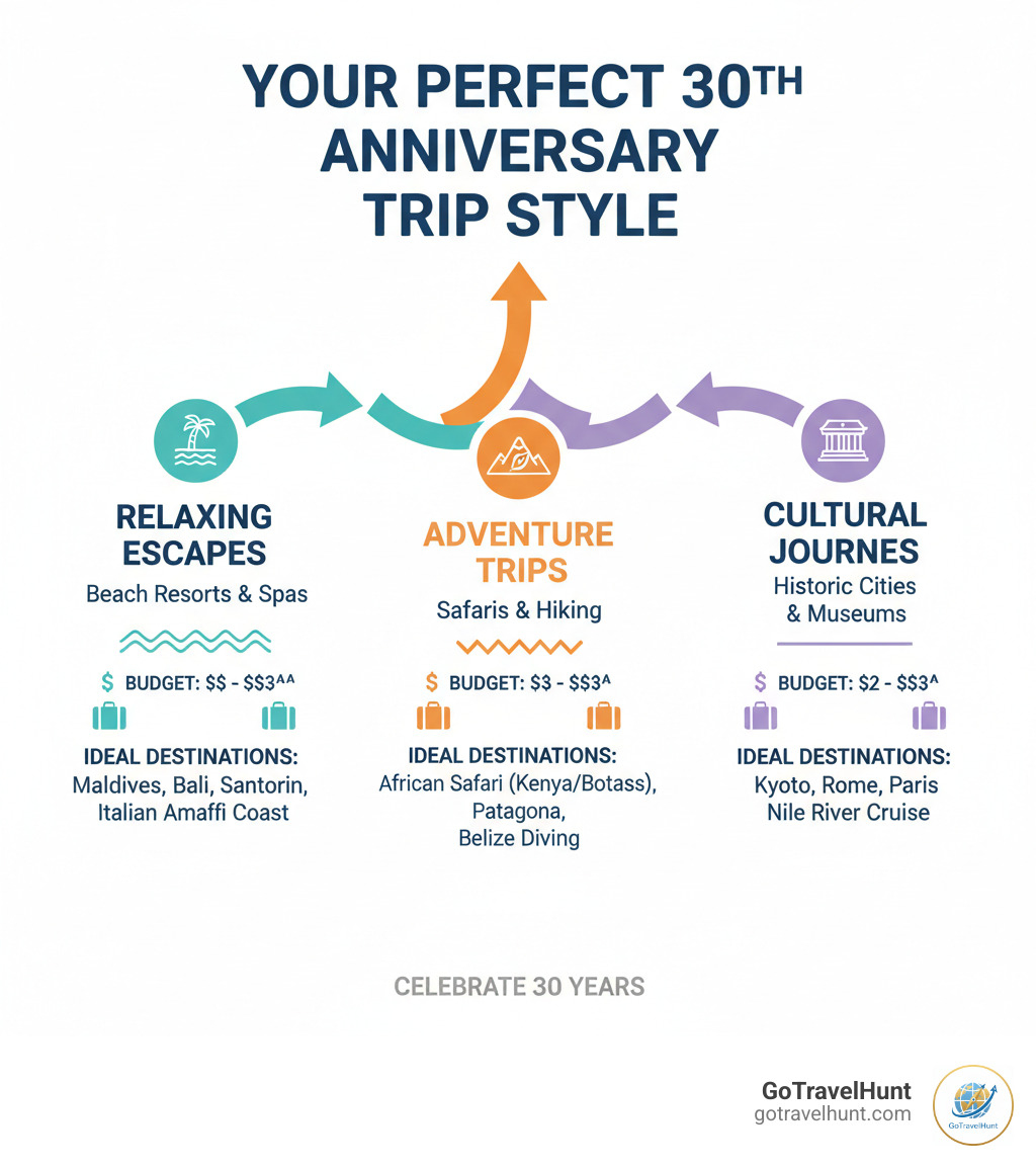 infographic showing how to choose your perfect 30th anniversary trip style with three pathways: relaxing escapes featuring beach resorts and spas, adventure trips including safaris and hiking, and cultural journeys with historic cities and museums, each with budget ranges and ideal destinations - 30 year anniversary trip ideas infographic  infographic showing how to choose your perfect 30th anniversary trip style with three pathways: relaxing escapes featuring beach resorts and spas, adventure trips including safaris and hiking, and cultural journeys with historic cities and museums, each with budget ranges and ideal destinations - 30 year anniversary trip ideas infographic