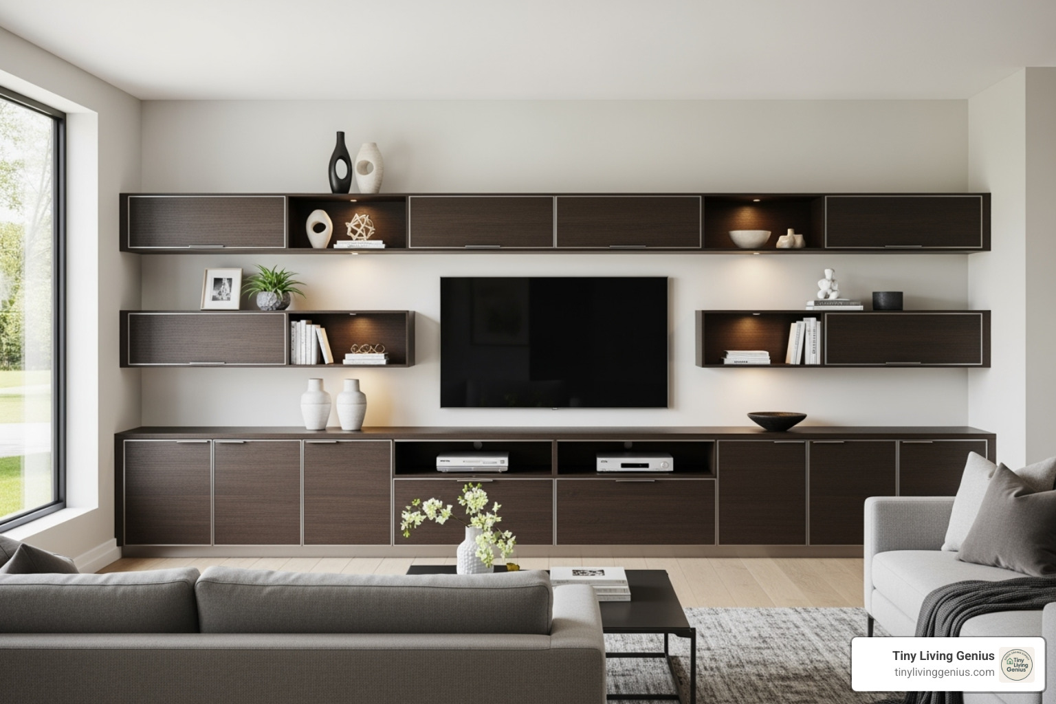 full wall unit with closed cabinets, open shelves, and a central TV, creating a complete media wall - tv rack partition design