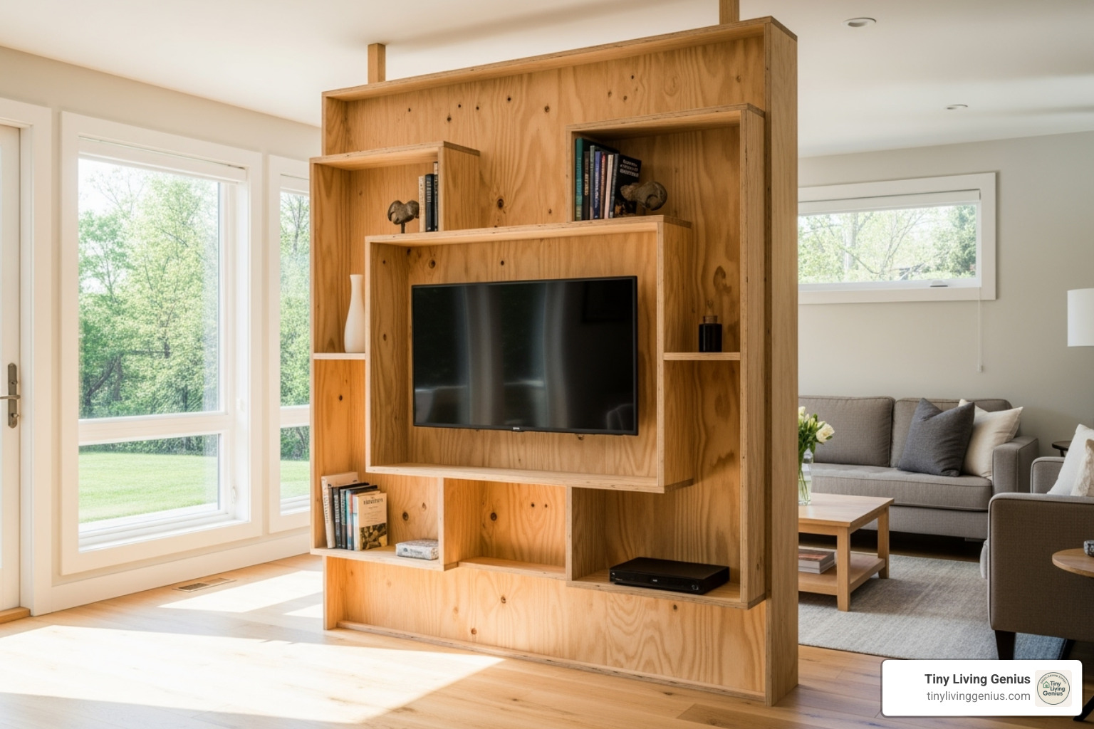 simple, functional DIY plywood TV partition with built-in nooks - tv rack partition design