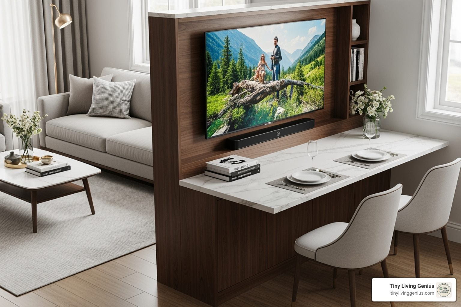 chic half-wall TV stand separating a living area from a dining nook - tv rack partition design