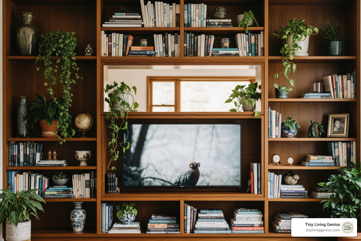 floor-to-ceiling shelving unit with an integrated TV, decorated with books and plants - tv rack partition design