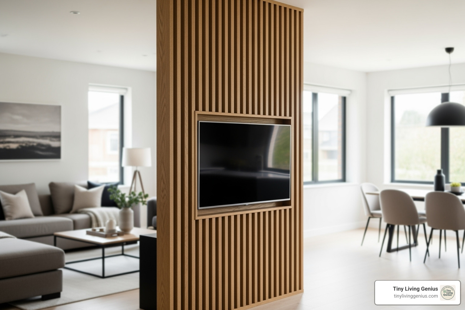 beautiful slatted oak partition with a wall-mounted TV - tv rack partition design