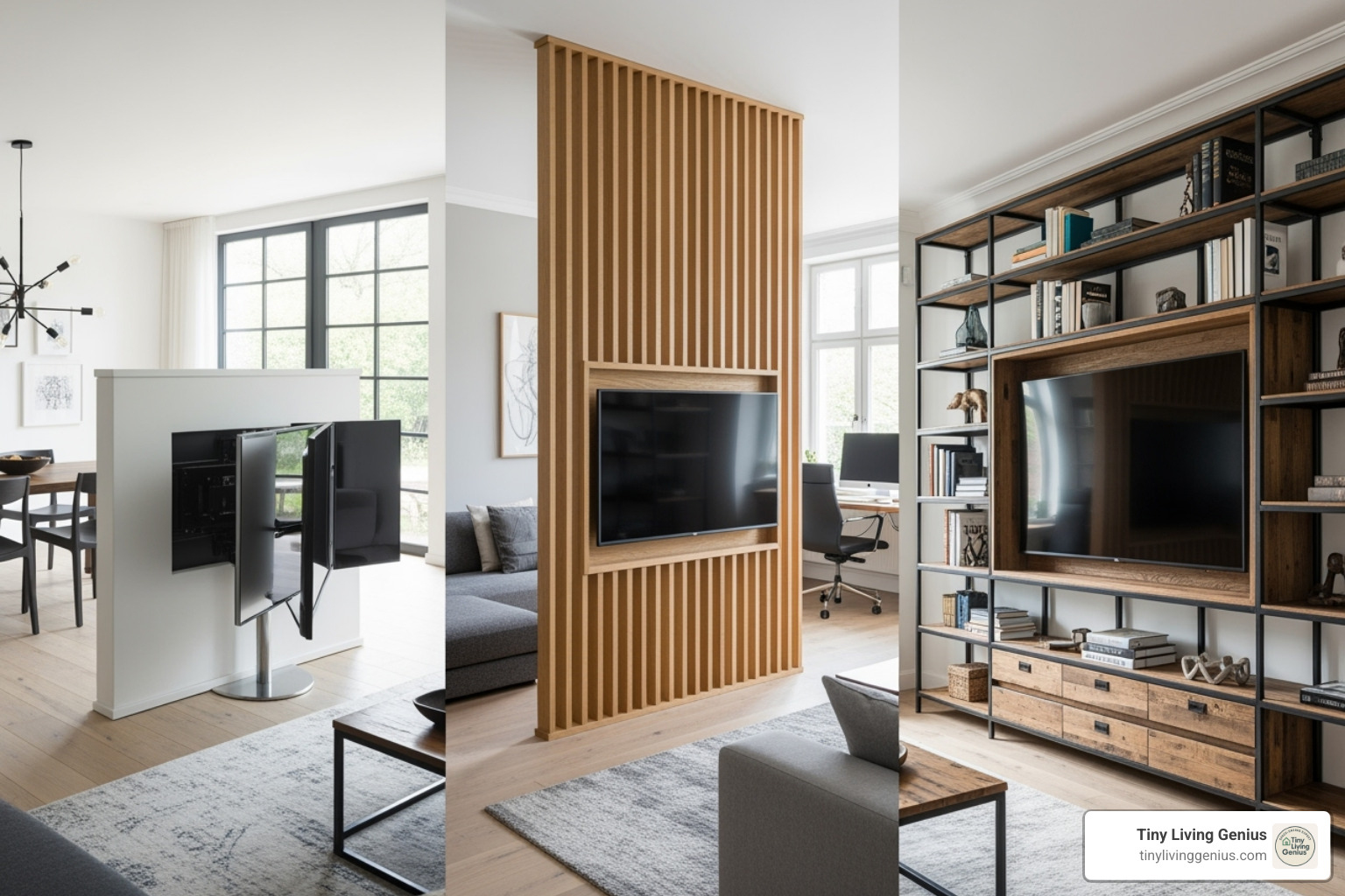 collage showing various TV partition designs like rotating, slatted wood, and integrated shelving - tv rack partition design