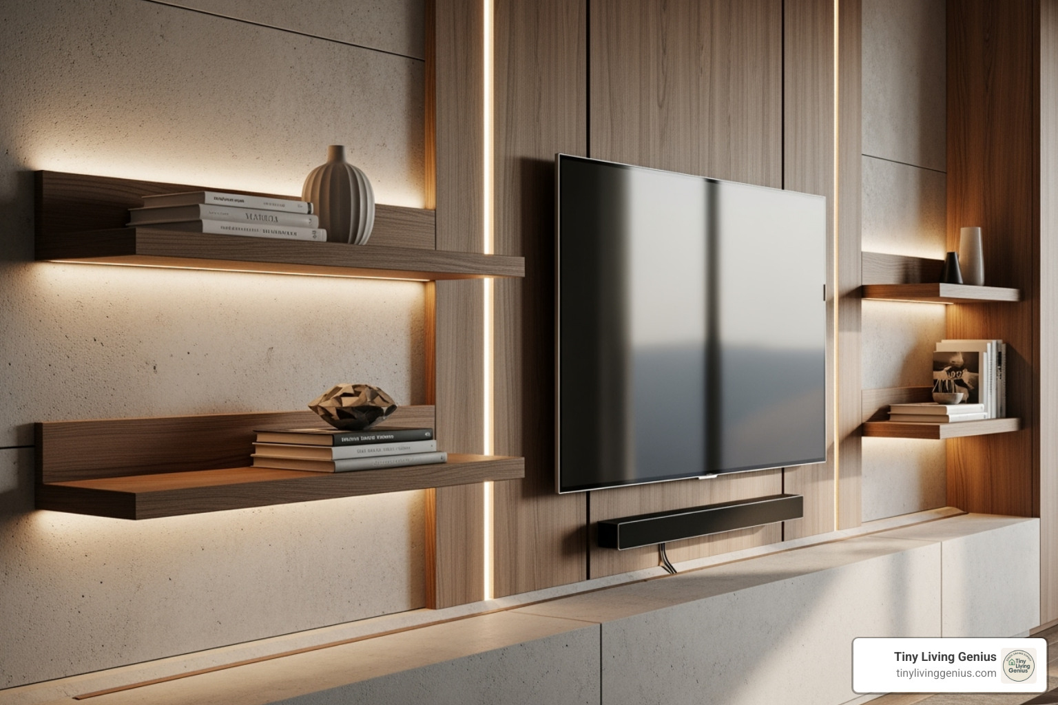 close-up on a well-designed TV partition showing integrated lighting and hidden cable channels - tv rack partition design