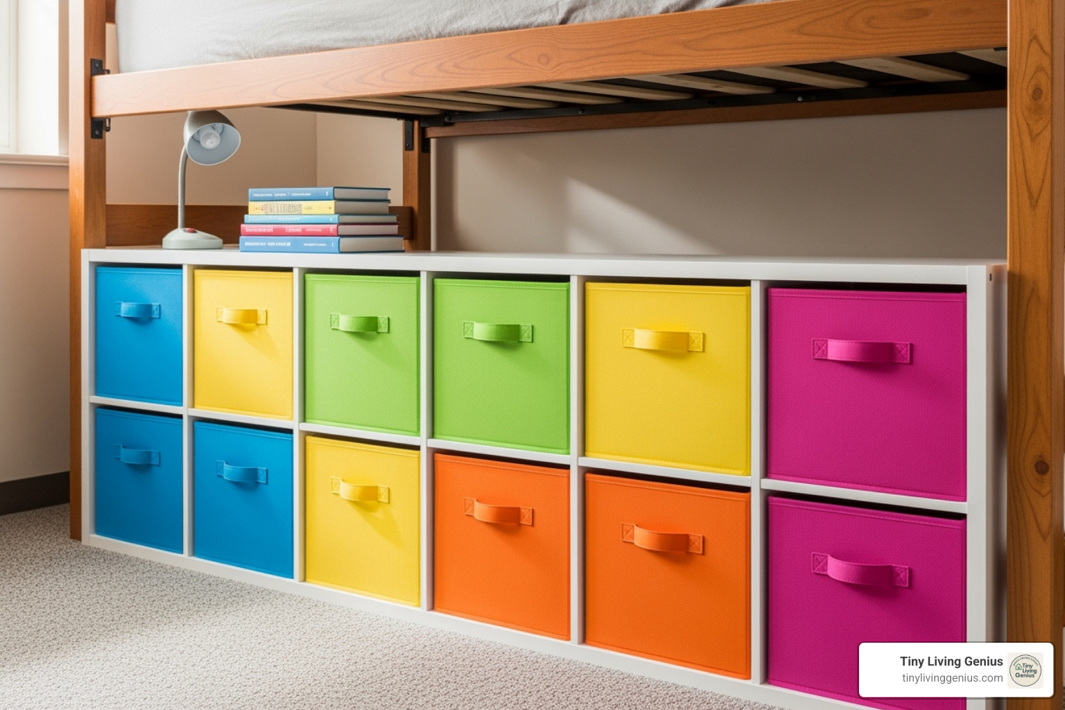 a cube organizer used horizontally under a bed with colorful fabric bins - under loft bed storage ideas dorm